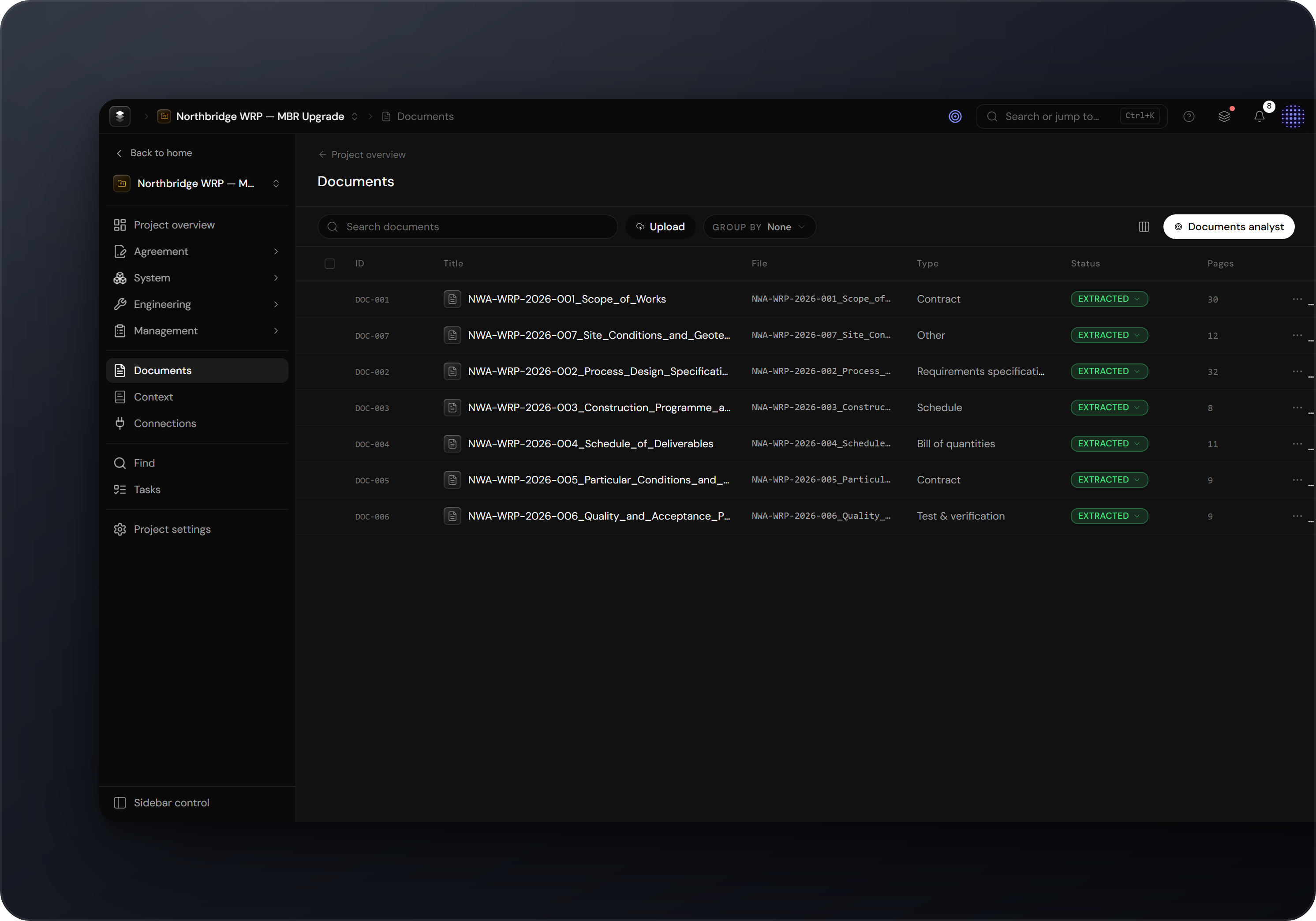 Engera documents surface listing uploaded contracts, specifications and schedules with their extraction status
