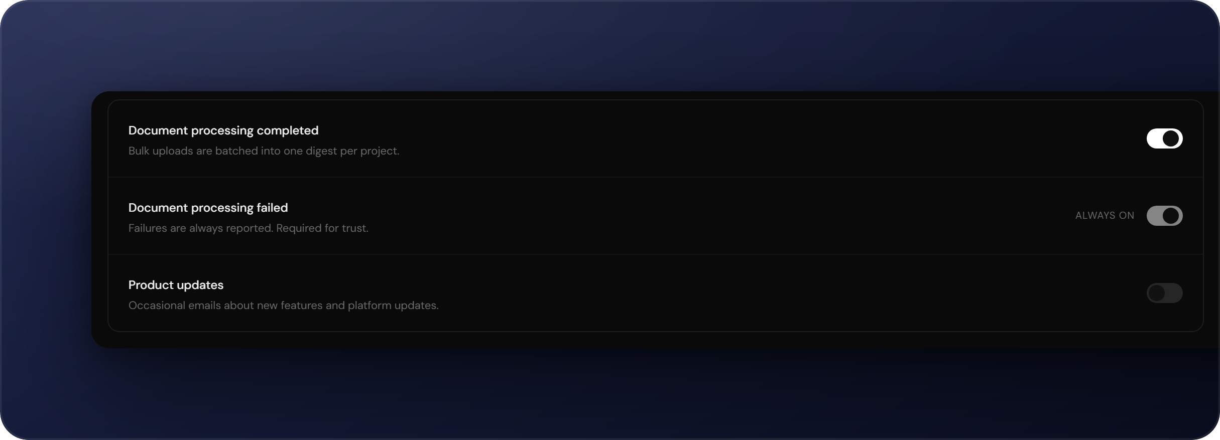 Engera email notification settings with toggles for processing digests, failure alerts and product updates