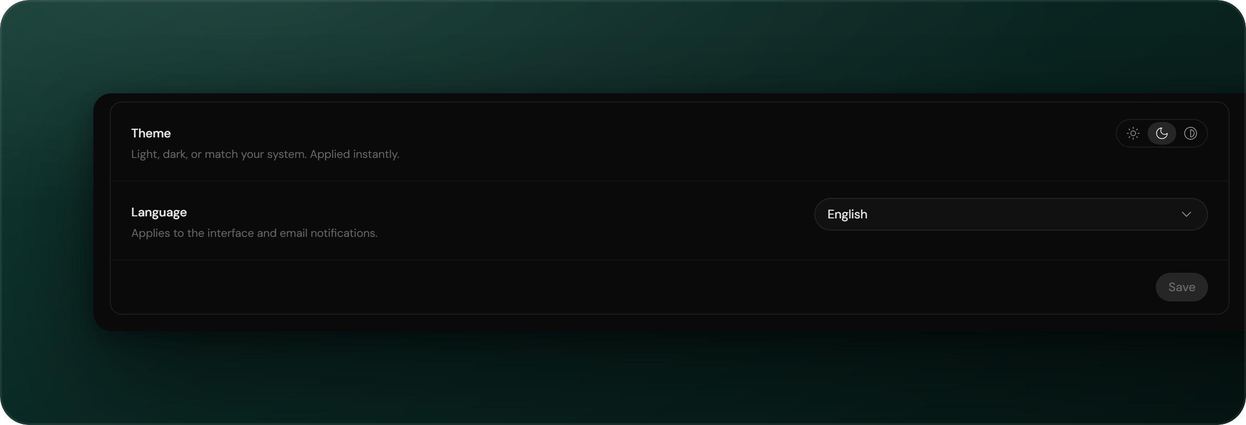 Engera preferences card with the theme switch (light, dark, system) and the language selector