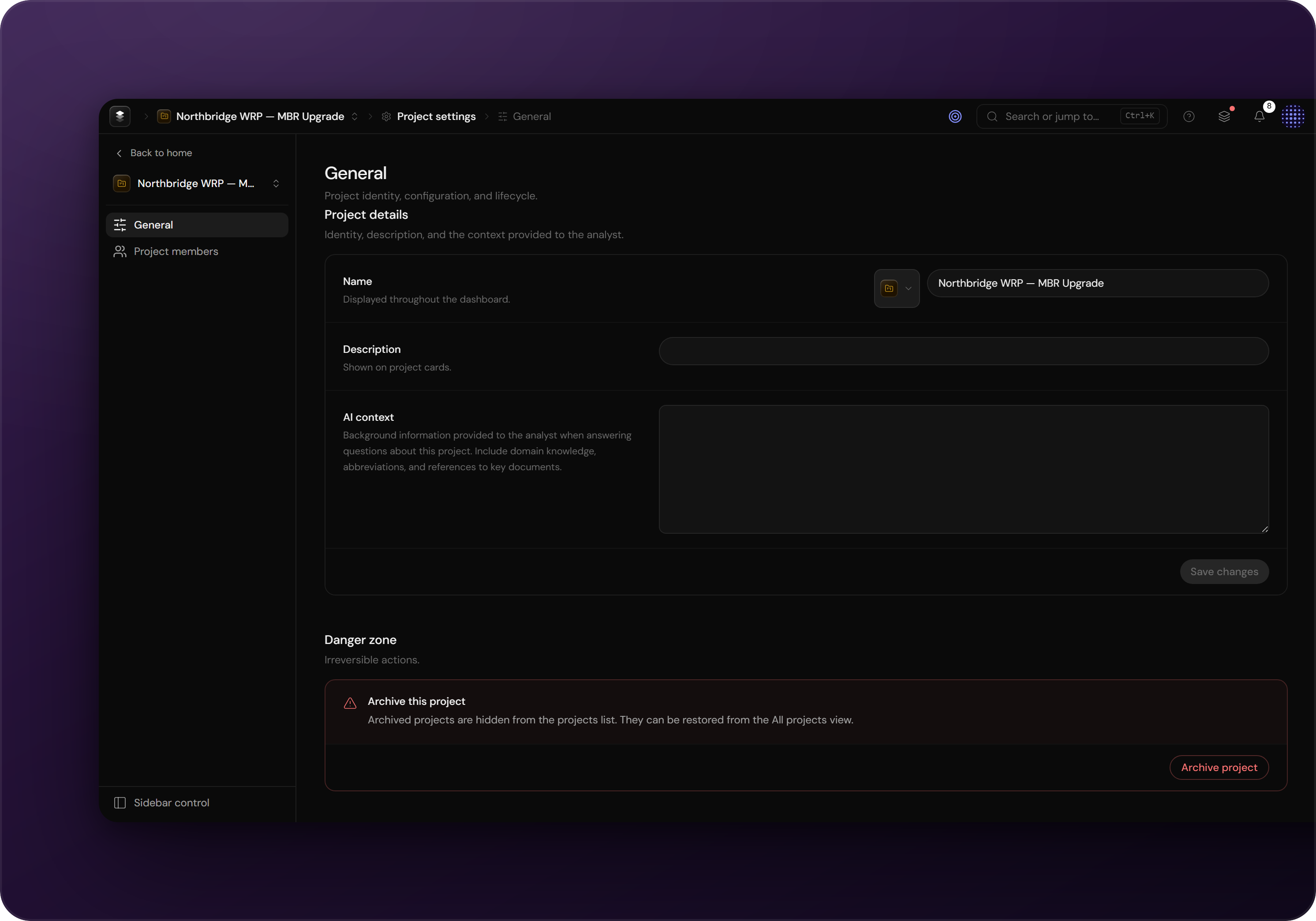 Engera project settings page with project details and the archive section