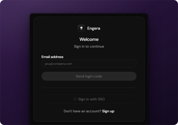 Engera sign-in dialog asking for an email address, with a Send login code button
