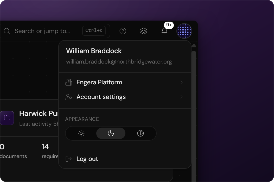 The open user menu in Engera's top-right corner, with the Account settings entry highlighted
