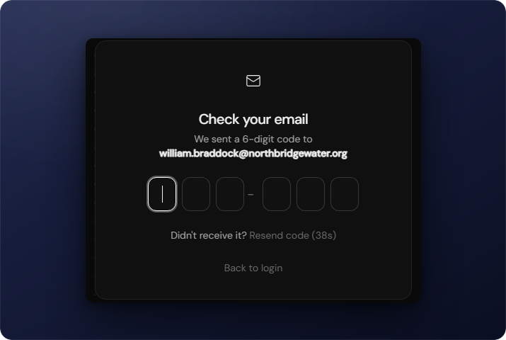 Engera verification dialog with six input boxes for the emailed login code and a resend option
